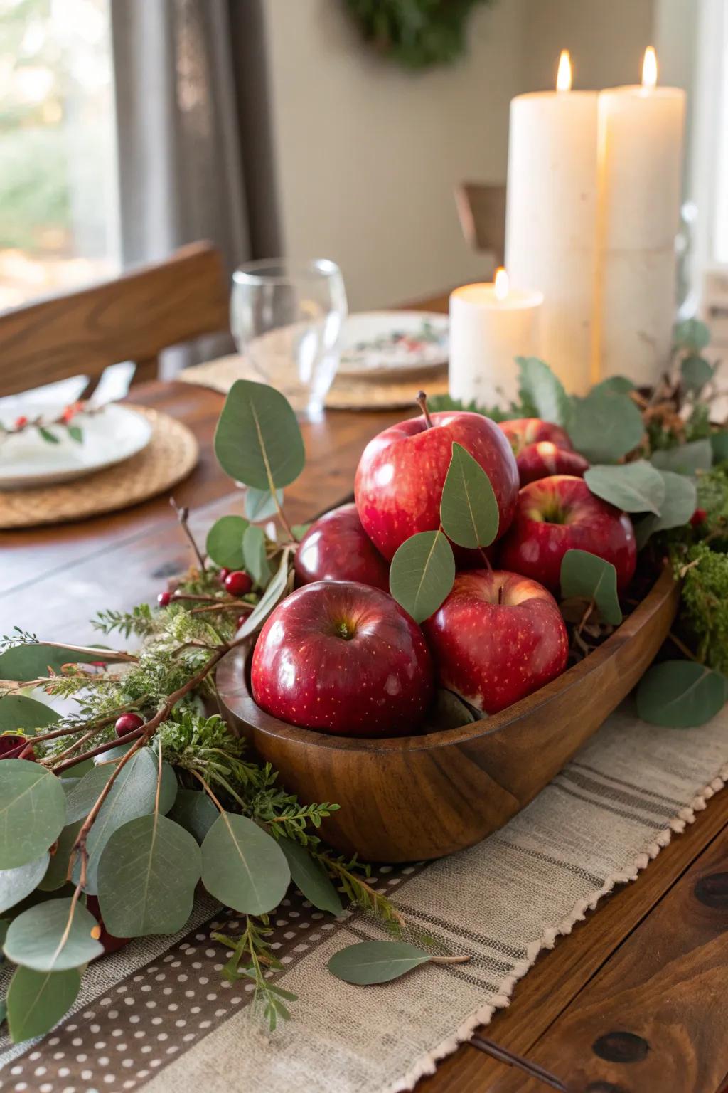 Fruits and foliage form a refreshing, countryside centerpiece.