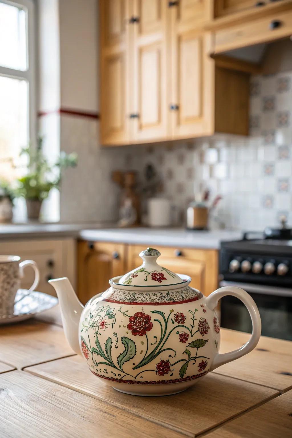 Complex floral patterns render this ceramic teapot an eternal treasure.