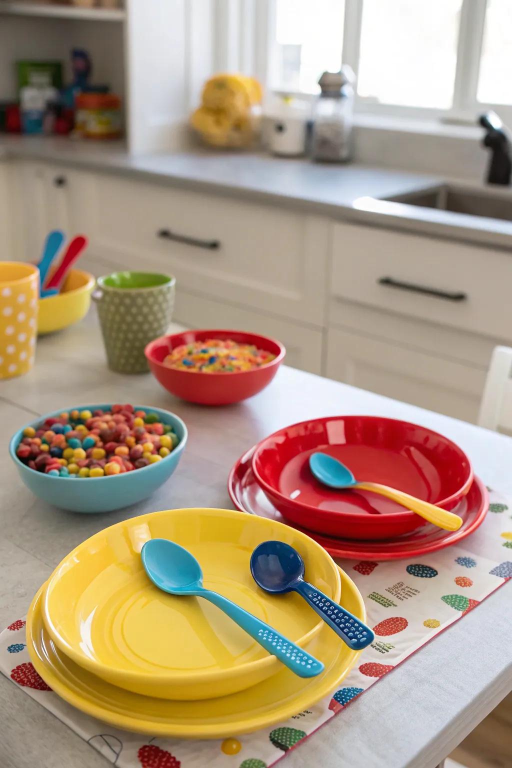 A table adorned with radiant plates and utensils in a cheerful, grains-inspired style.