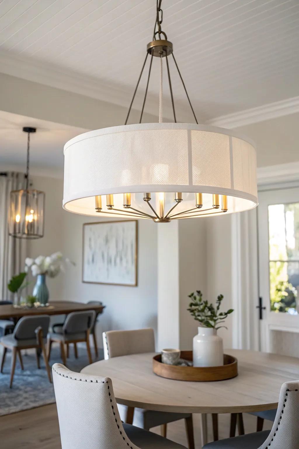 A modern, minimalist chandelier perfectly complements the sleek design of a small dining room.
