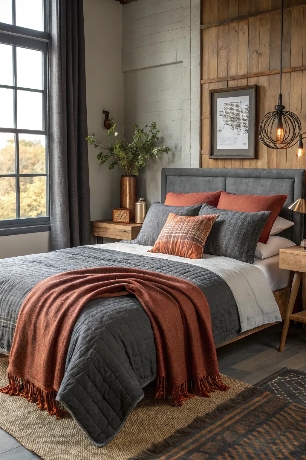 Cultivate a welcoming vibe using layered fabrics in deep slate shades.
