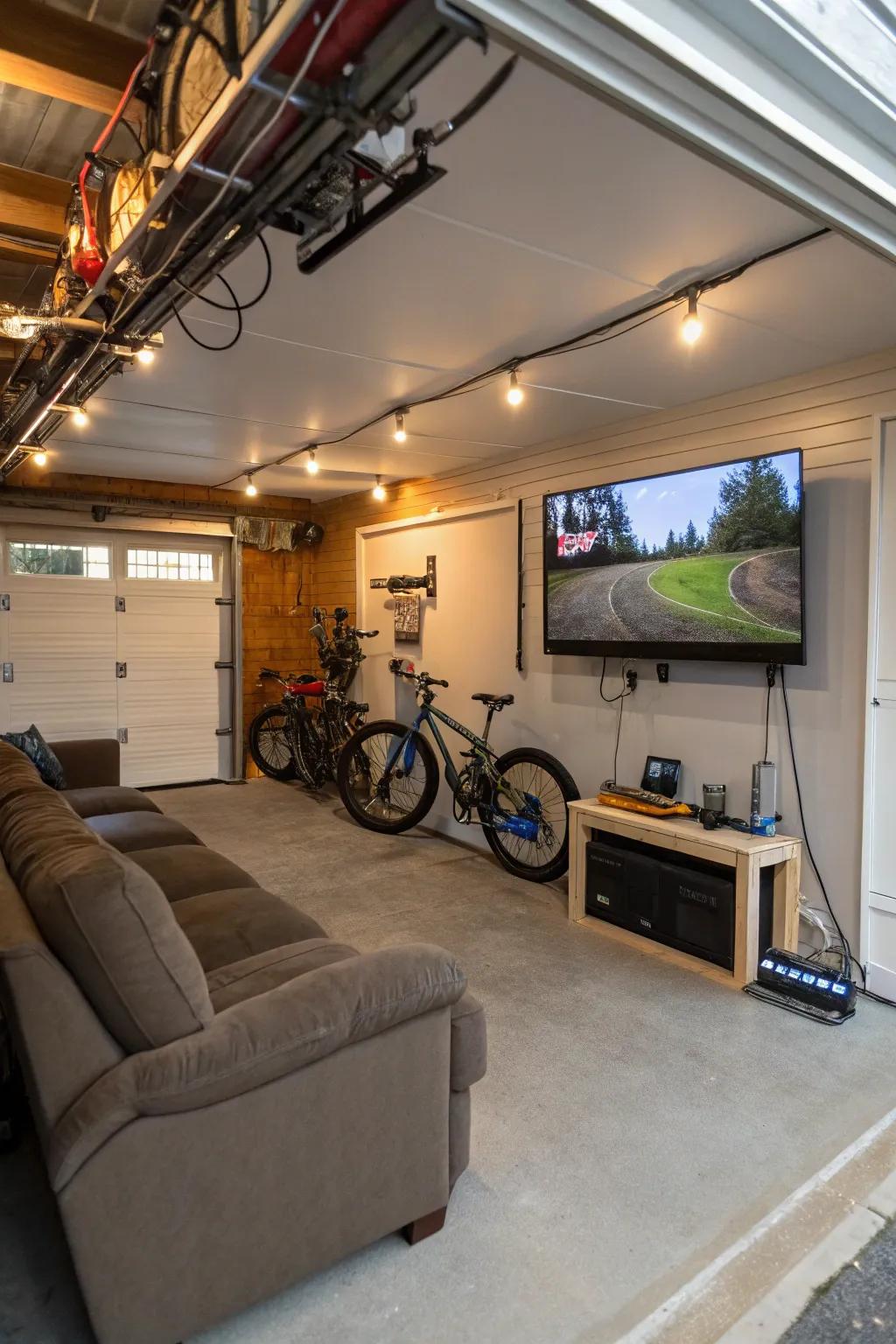 An entertainment zone with a pivoting screen offers great functionality.