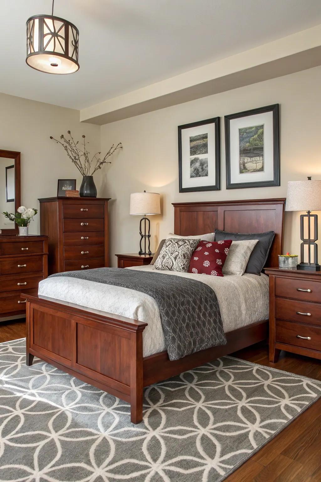 A flawless mix of conventional mahogany and avant-garde decorating selections.
