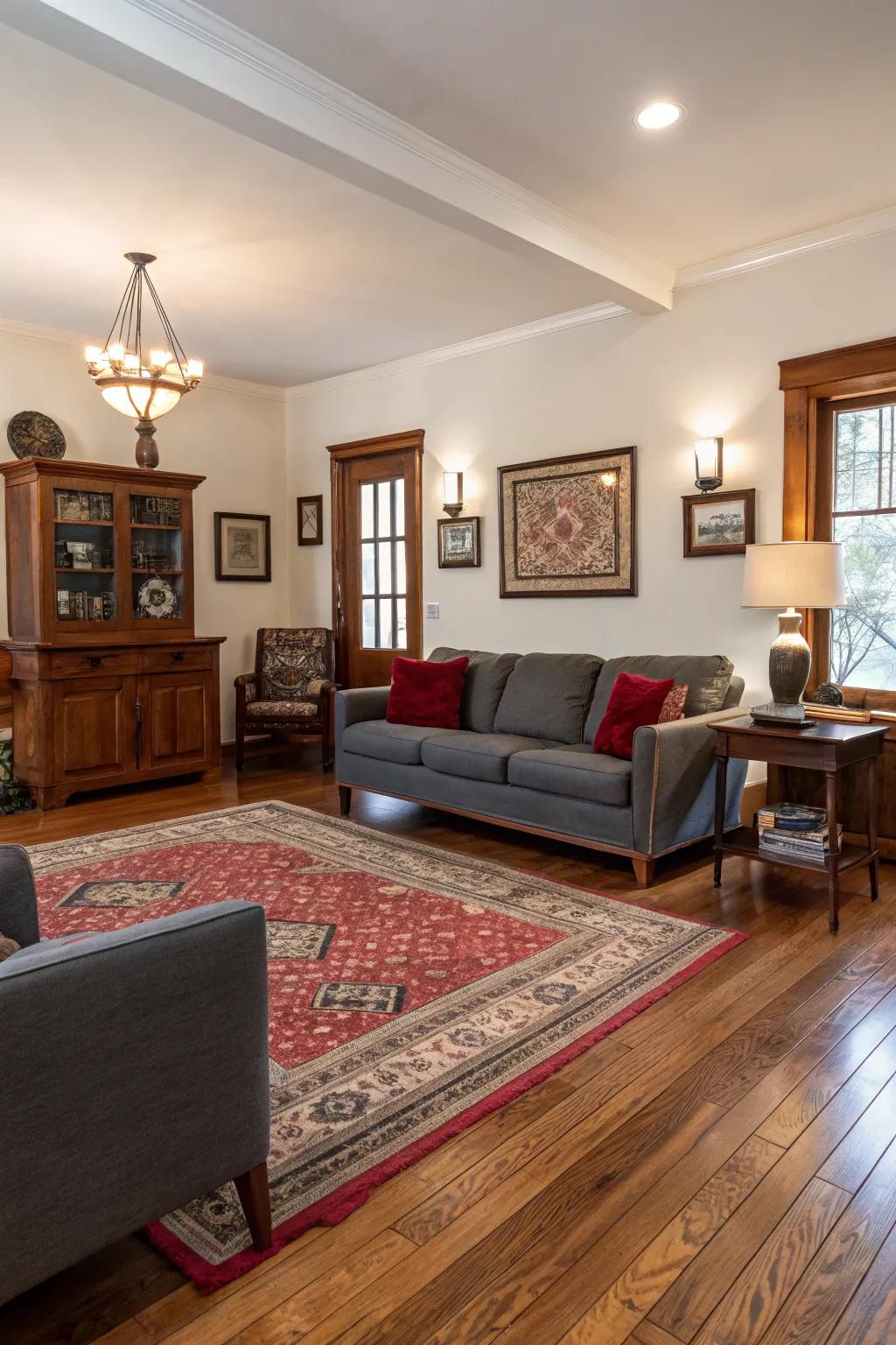 A trendy fusion of contemporary and classic components on floors made of red oak.