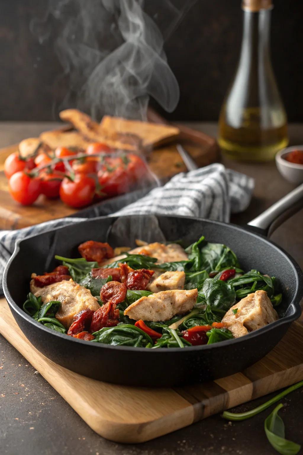 All-in-one chicken, spinach, and solar tomatoes: simplicity on a plate.