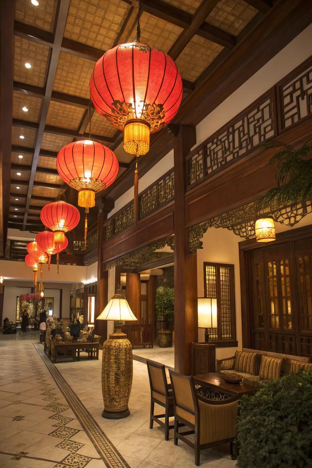 Classic Asian lanterns emitting a warm glow within the entrance hall.