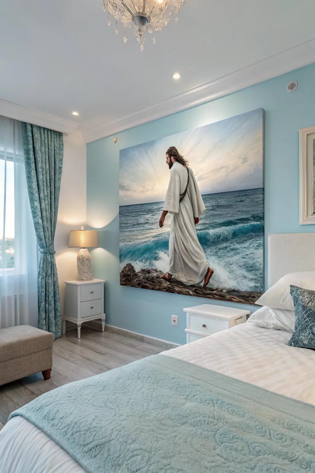 A serene artwork showing the Redeemer strides over water, bringing peace to your bedroom.