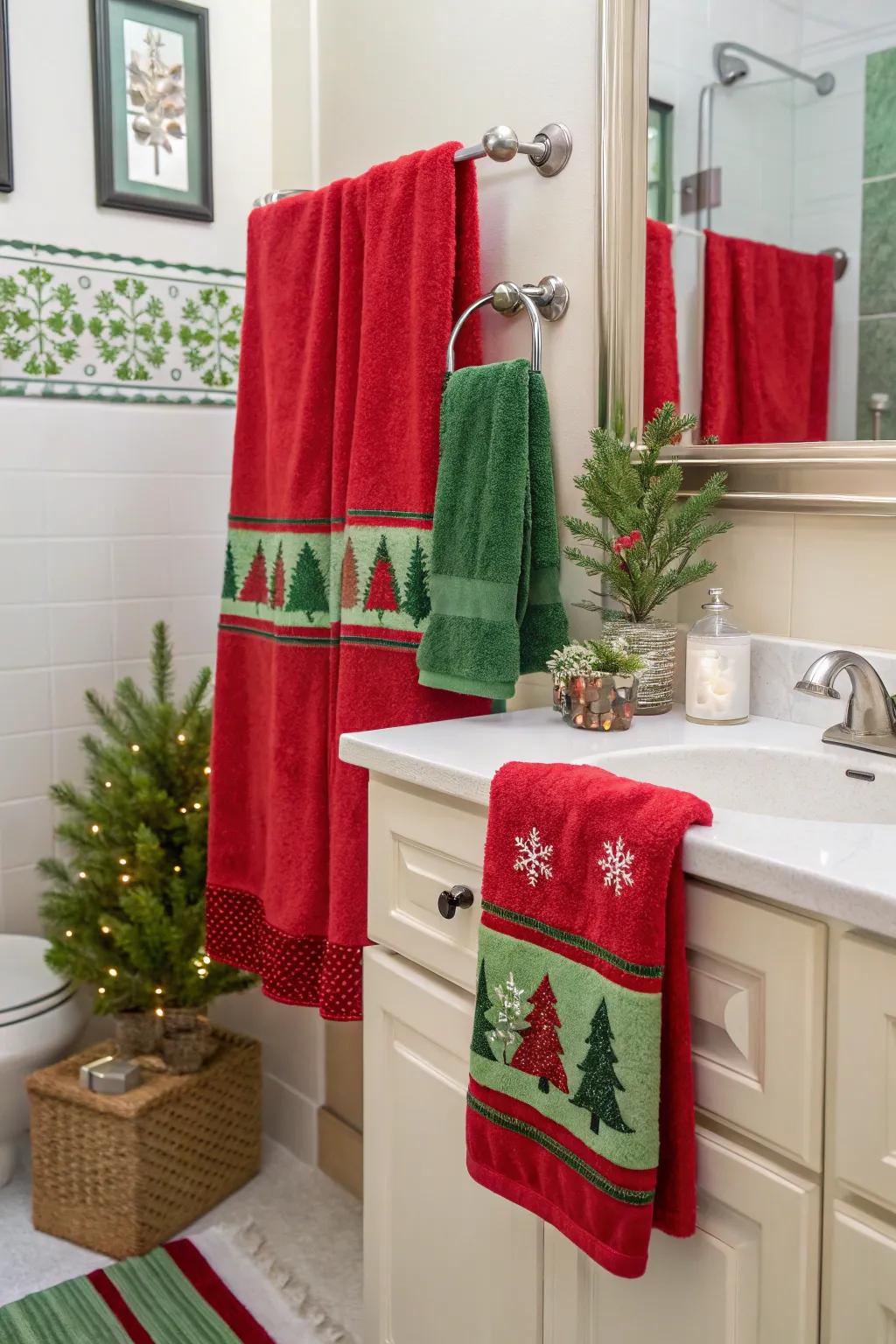 Simple holiday towels can transform the bathroom decor.