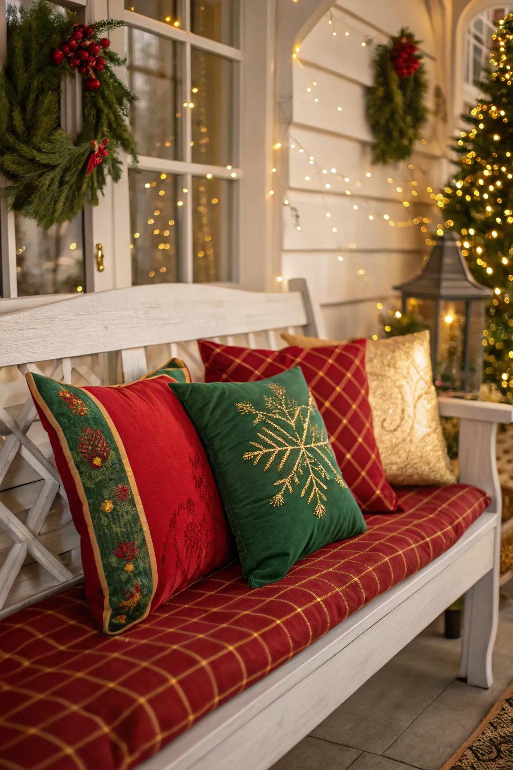 Celebratory cushions inject vibrancy and cheer into any bench arrangement.