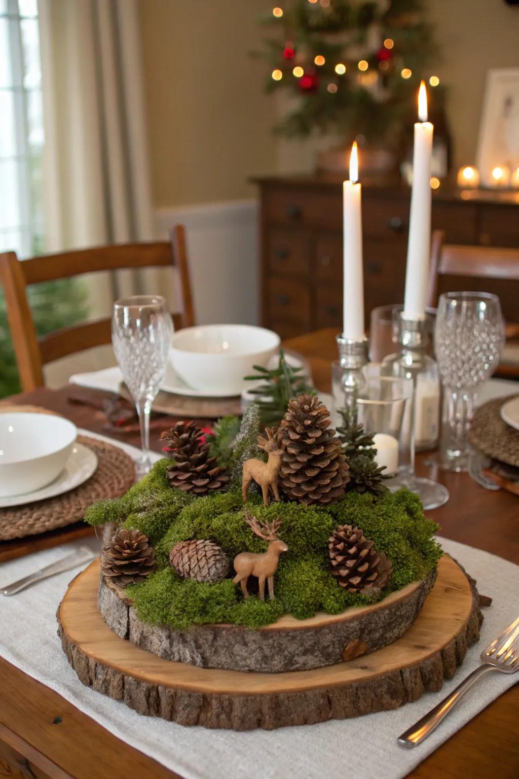 Channel the forest's charm to your dining setting with an earthy woodland essence centerpiece.