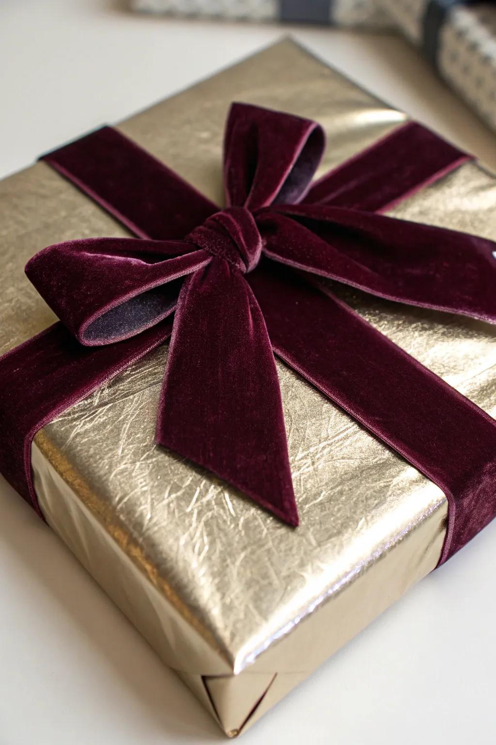 A luxurious velvet ribbon lending an opulent touch to metallic wrapping.