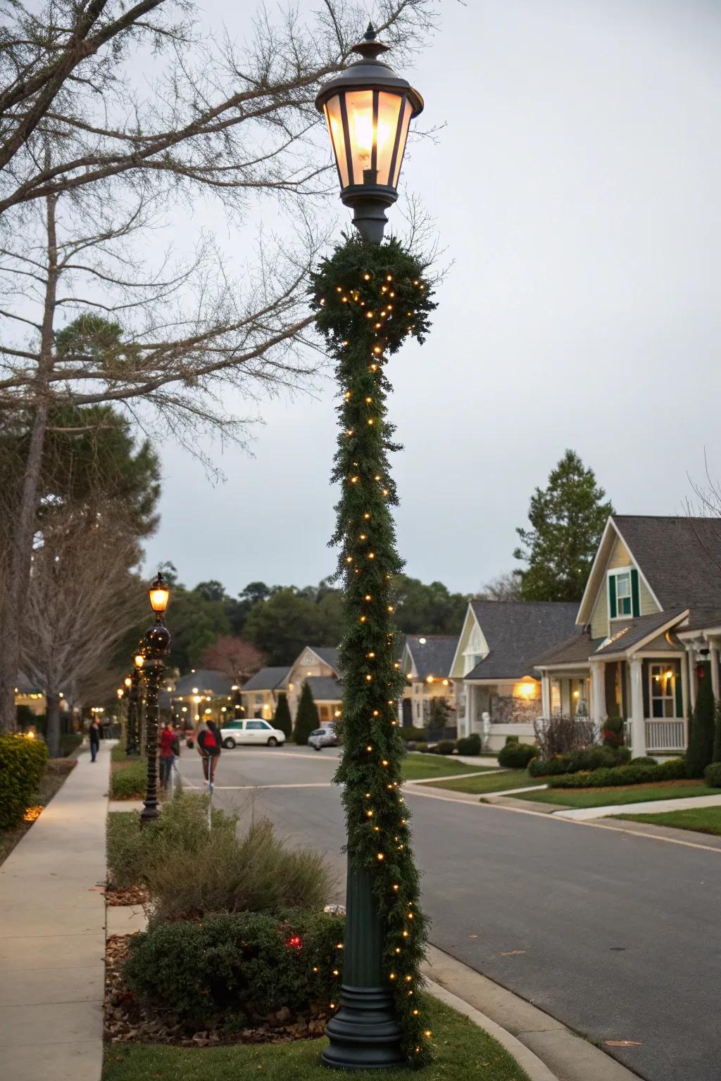 A lamp post exquisitely decorated with lush wreaths and radiant lights.