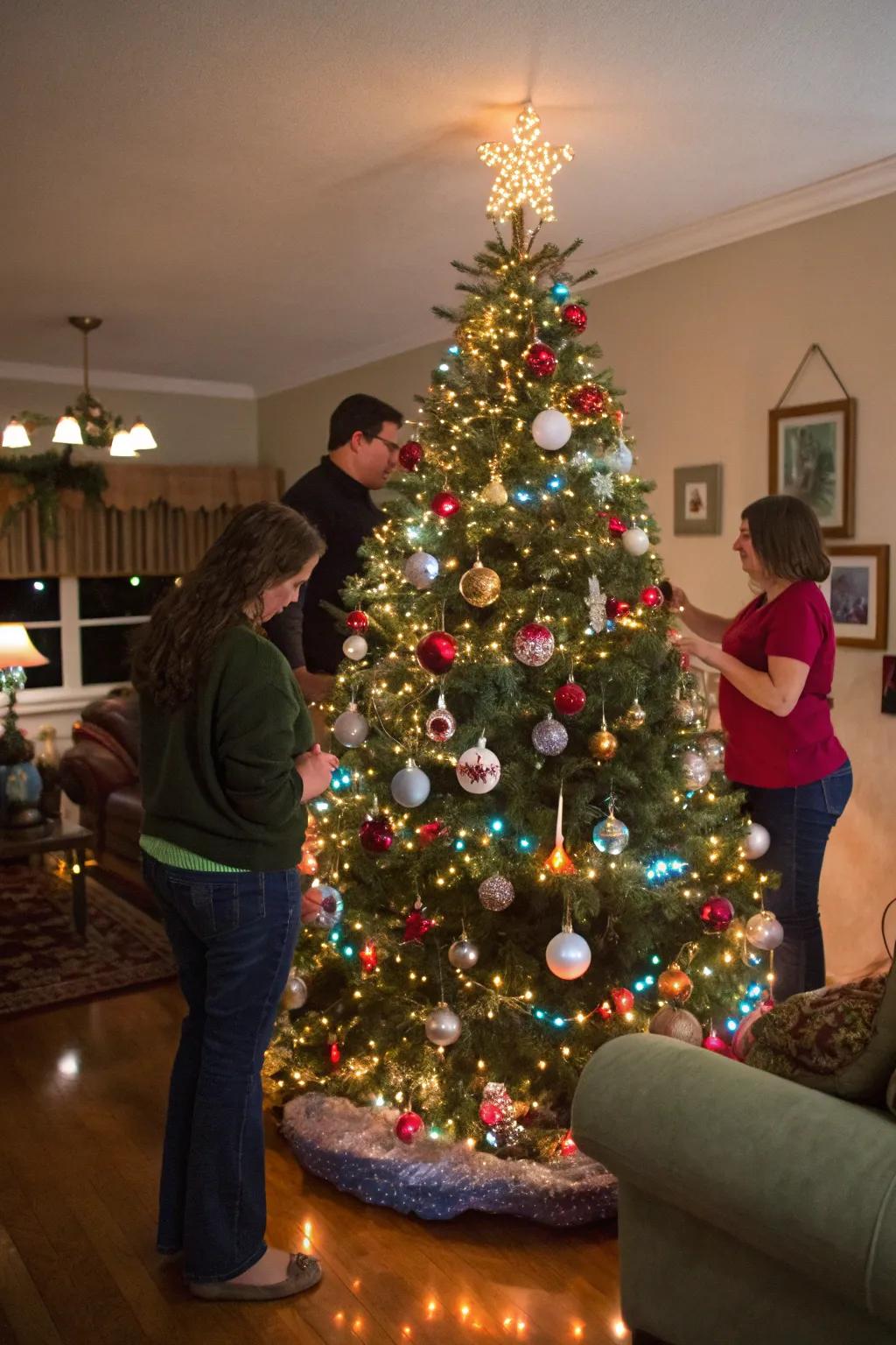 Guests engrossed in the Bauble Estimation Challenge, set against a backdrop of a beautifully adorned fir.