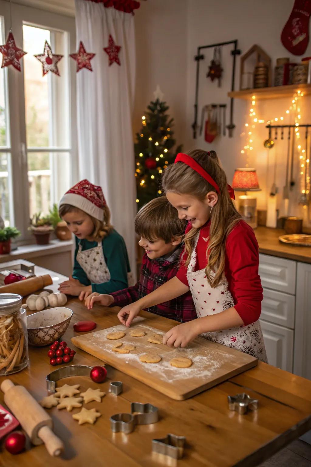 Children having a blast while baking holiday confections.