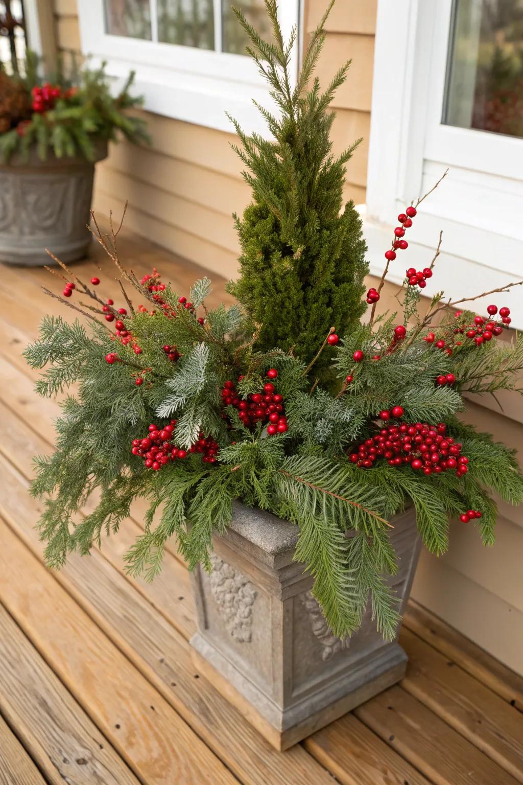 Ruby berries impart a quintessential holiday accent to your planters.