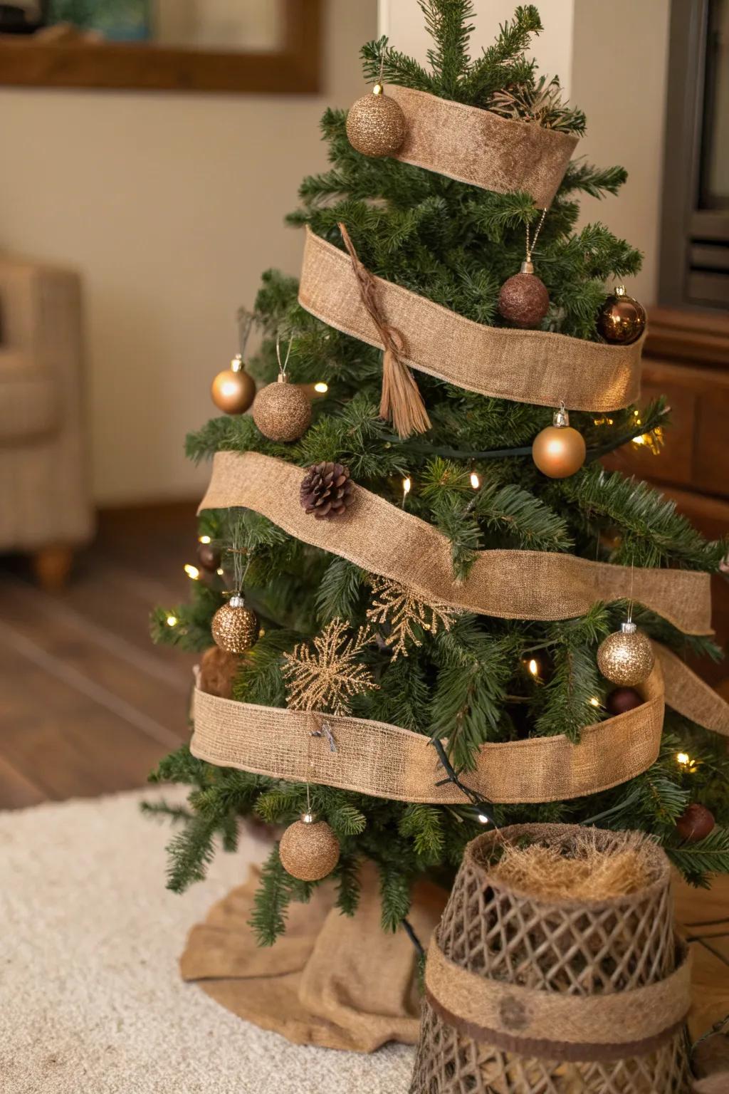 A Christmas tree with burlap ribbons wrapped horizontally, exuding a rustic charm.