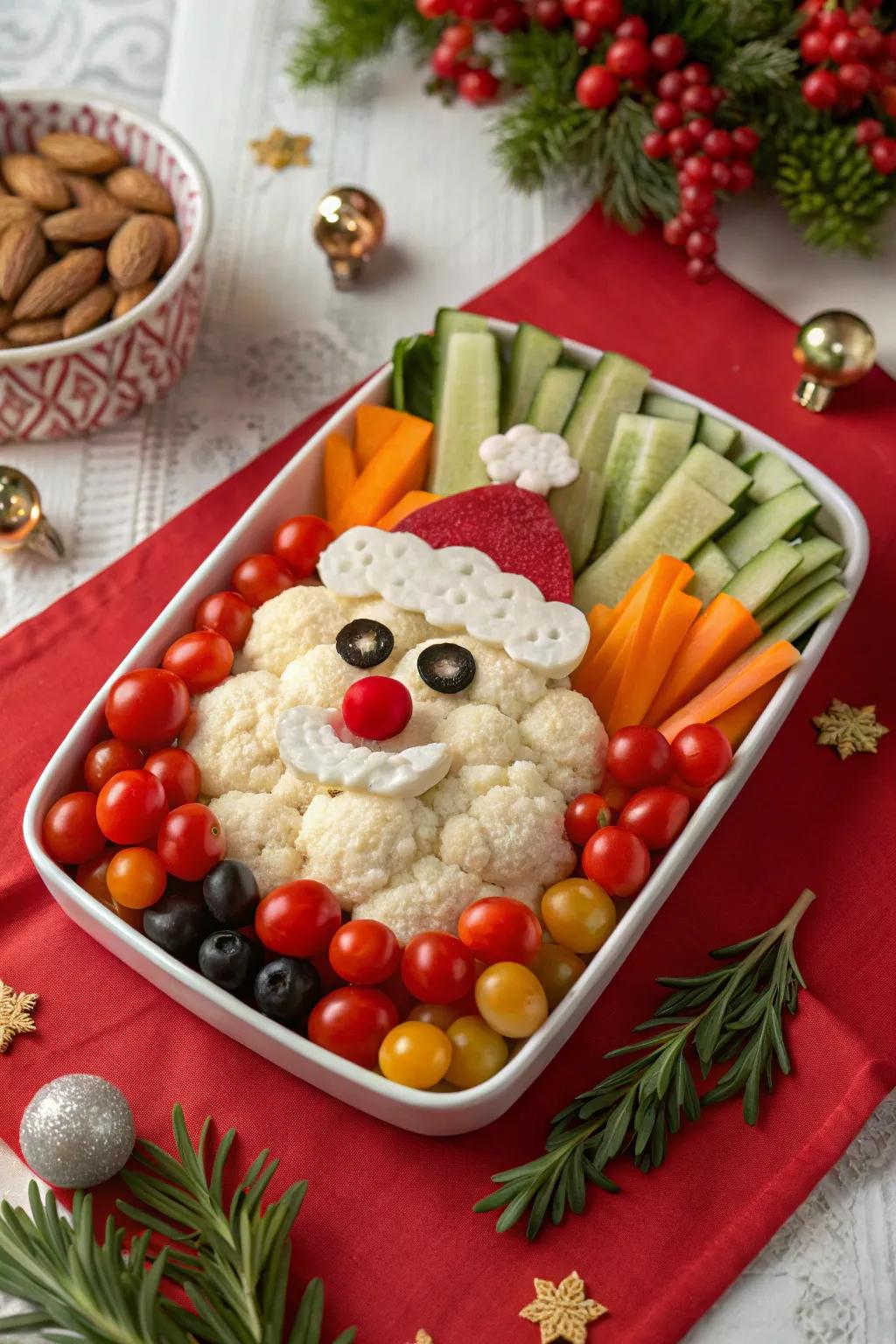 A Santa Claus veggie arrangement that is as delightful to assemble as it is to share and savor.