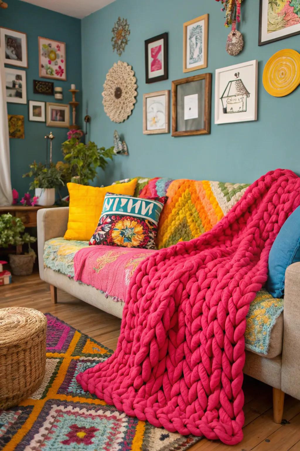 Create a statement with boldly-colored blankets.