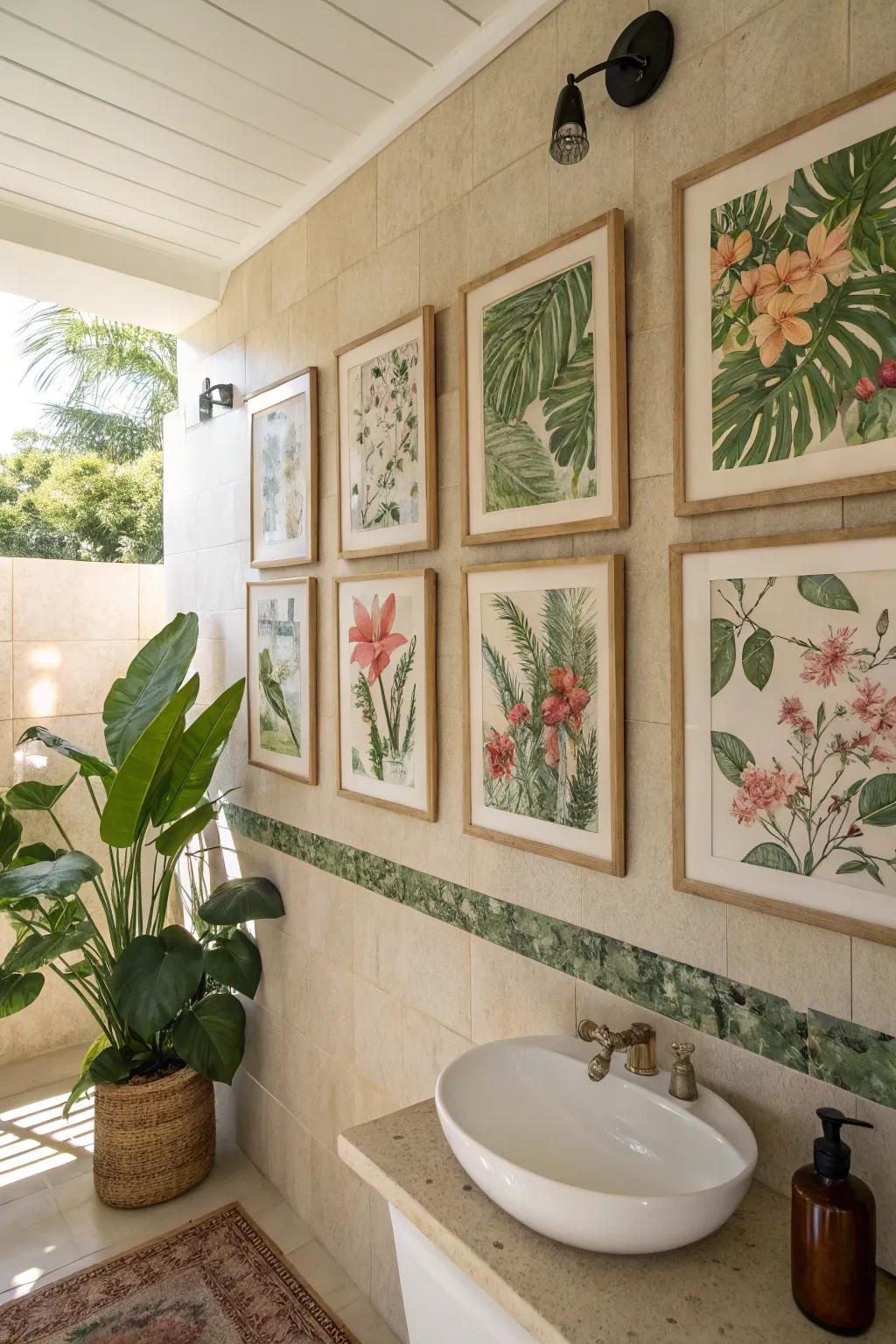 A bathroom that has botanical prints, bringing in a natural and peaceful vibe.