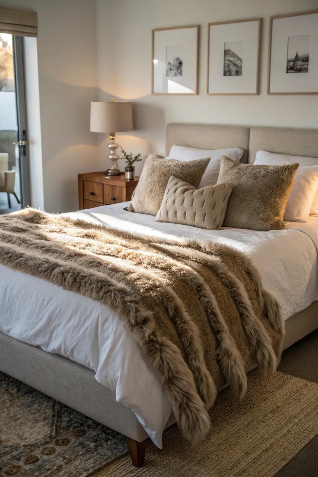 Luxurious feels infuse the bedroom with warmth and coziness.