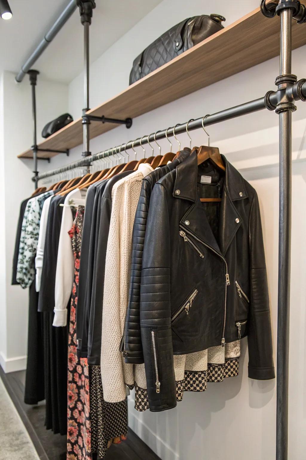 Metalwork adds instant contemporary charm and industrial flair to your closet setup.