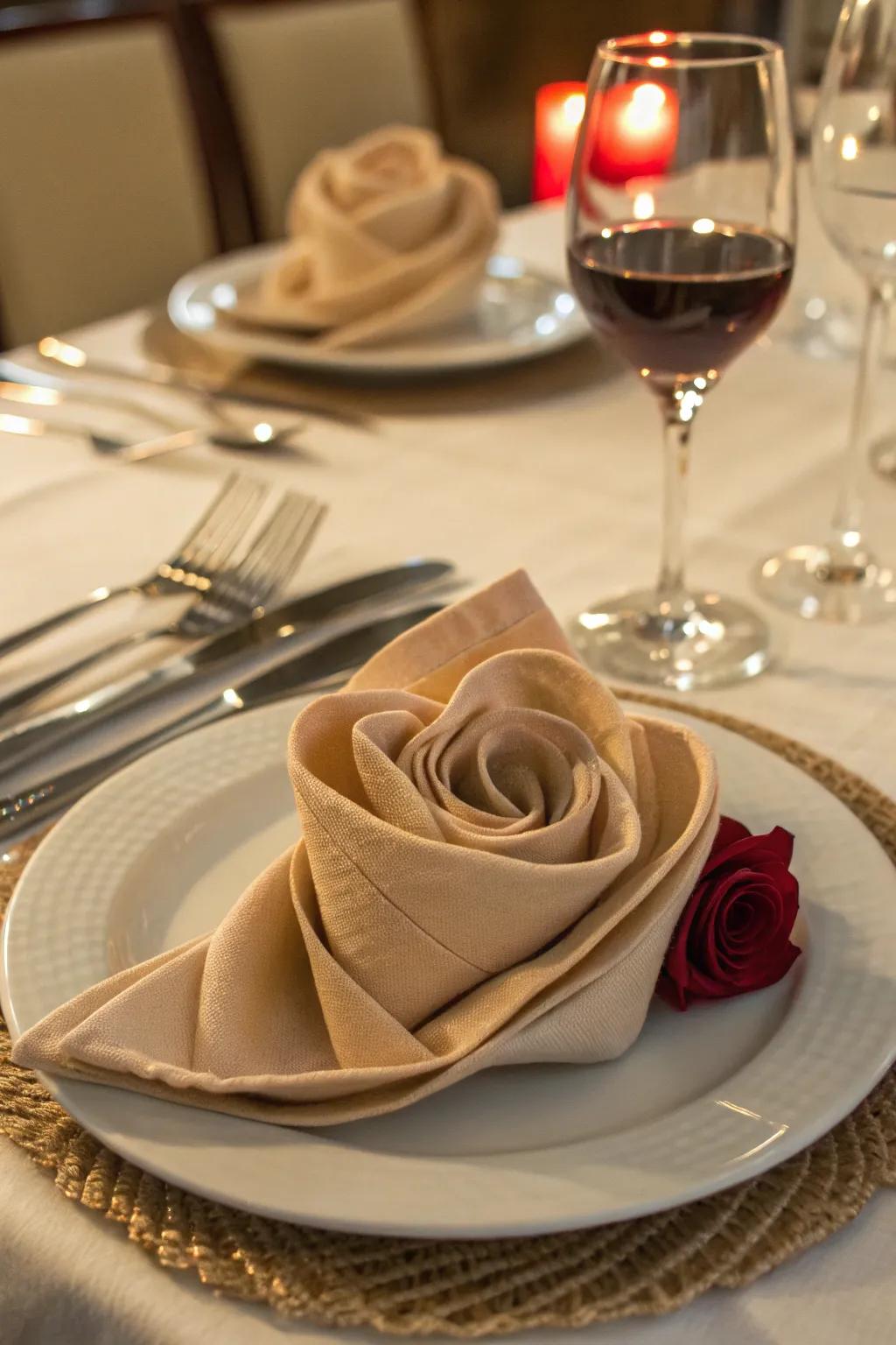 A rosy napkin fold introduces romance and charm to your table.