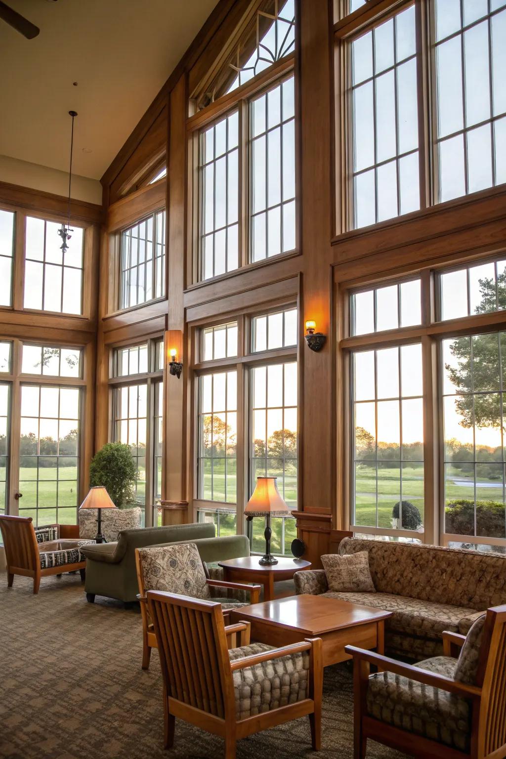 Clubhouse sporting broad windows that maximize sunlight penetration.