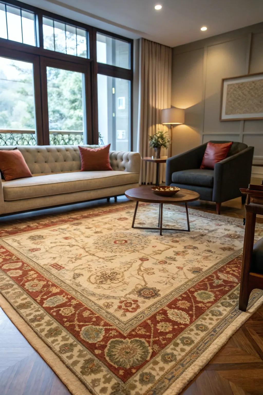 A retro-themed area rug adding warmth and personality to a modern living room.
