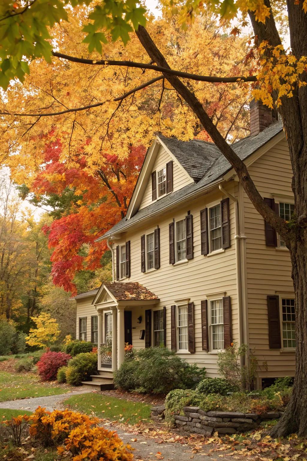 A colonial house in comforting rustic hues, elevated by the beauty of autumnal surroundings.
