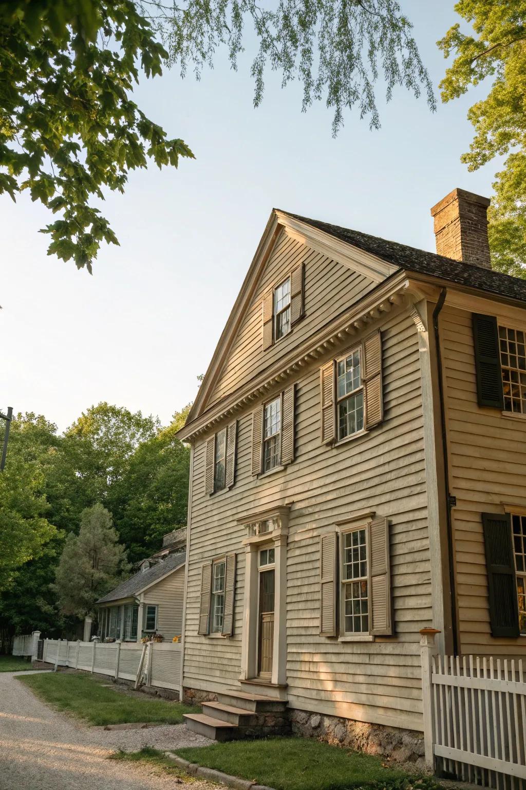 A Colonial residence showcasing traditional wood plank cladding.