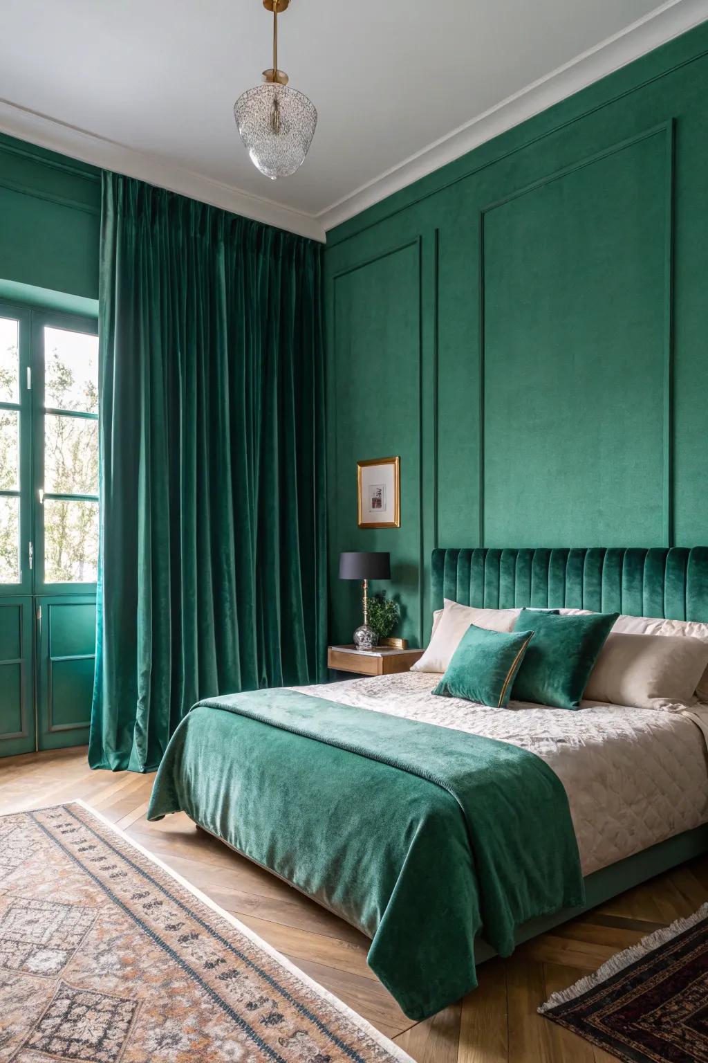 A striking emerald verdant color immersion transforms the bedroom into an inviting sanctuary.