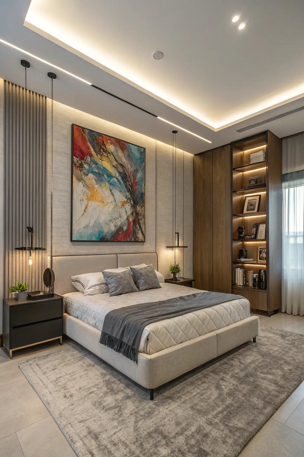 Modern art adds a special touch to this contemporary bedroom.