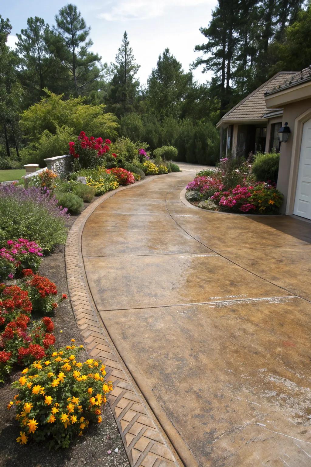 A stained concrete driveway that adds warmth and depth to the home's exterior, creating a welcoming and cozy atmosphere.