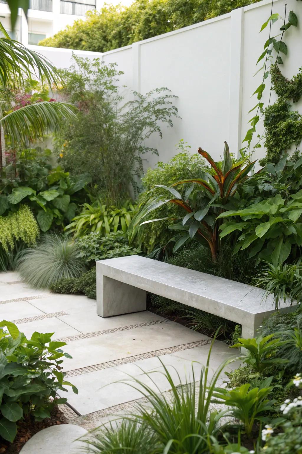 Stone-like benches bring together elegance and repose.