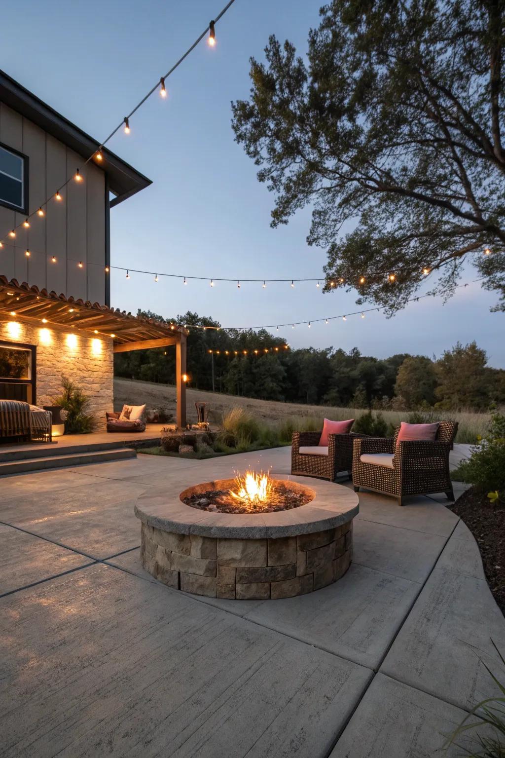 A hearth element brings warmth and ambiance to your concrete patio.