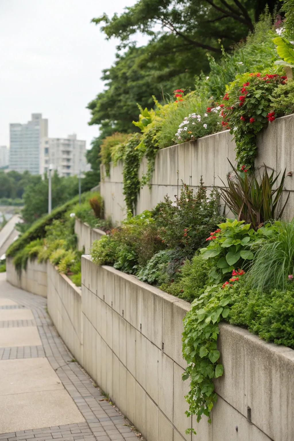 Integrated plant beds transform support structures into vibrant botanical displays.