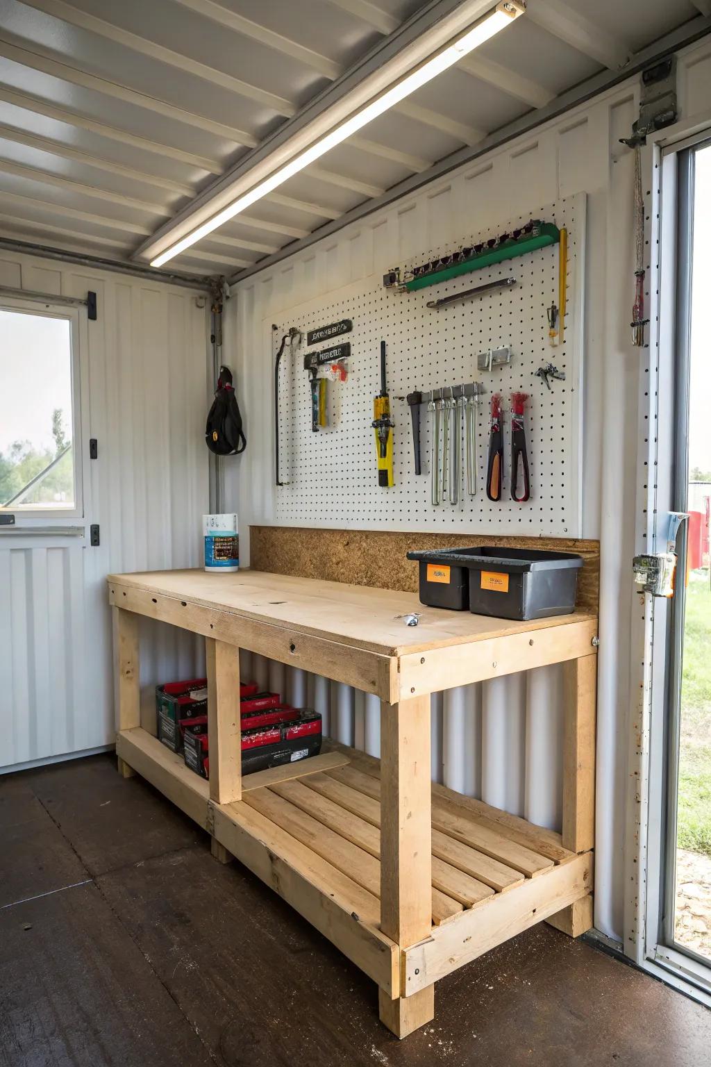 Design your personal workshop in a container, complete with a practical workbench.