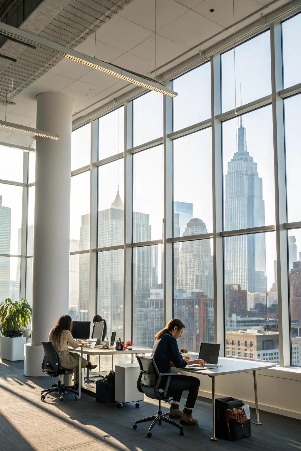 An office illuminated with natural light, creating a vibrant workspace.