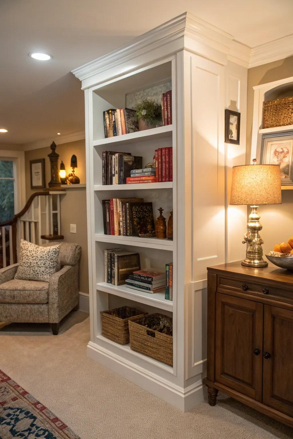 In-wall bookshelves present a sleek, tailor-made presence.