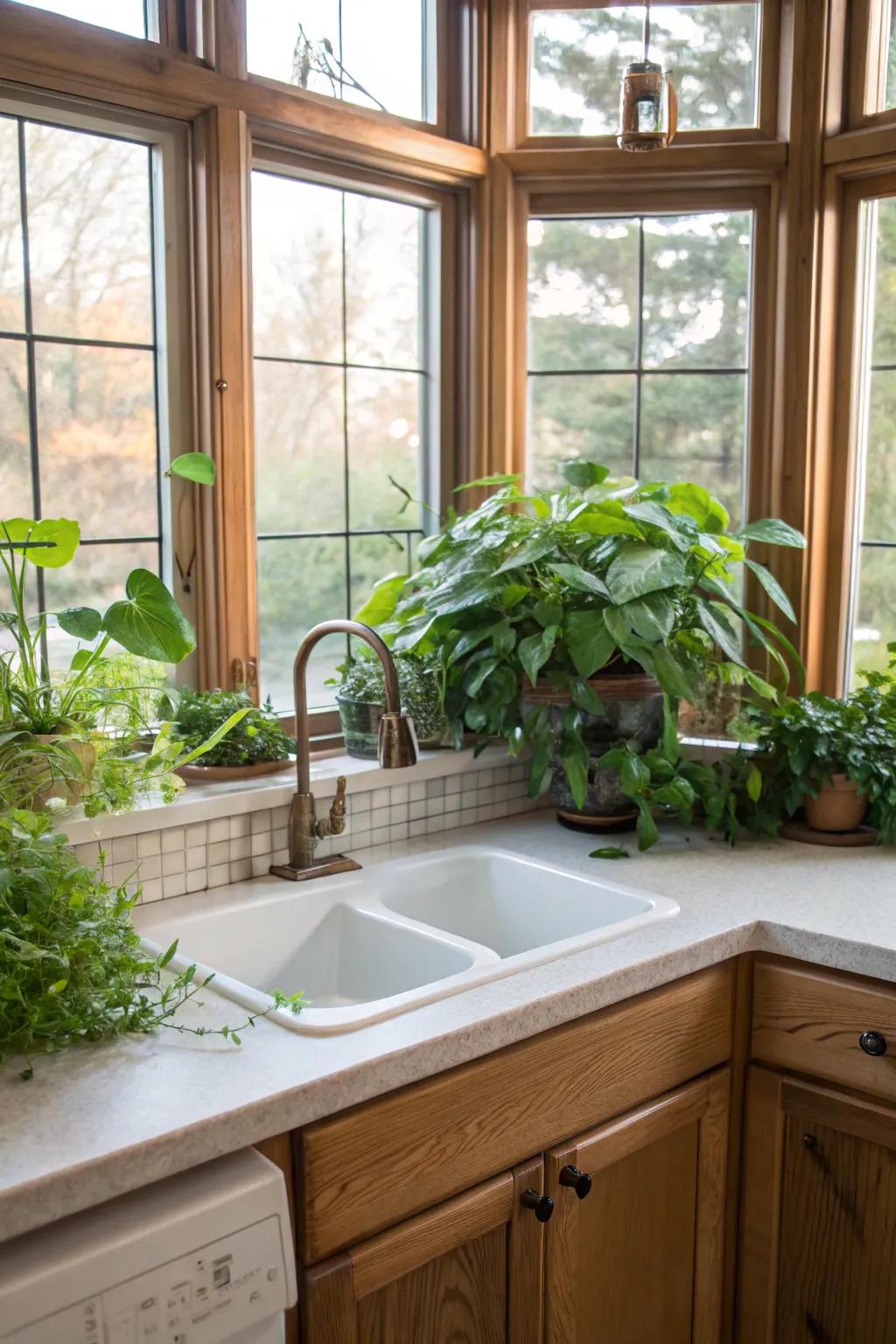 A kitchen corner sink installed under expansive windows, letting natural light brighten the area.