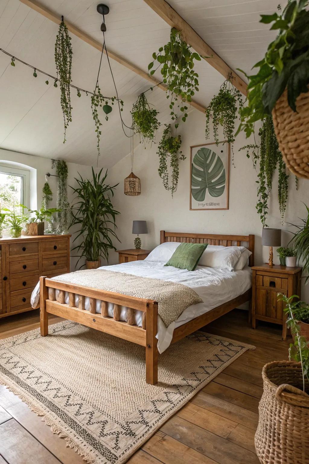 Natural elements such as wood and plants craft a peaceful atmosphere.