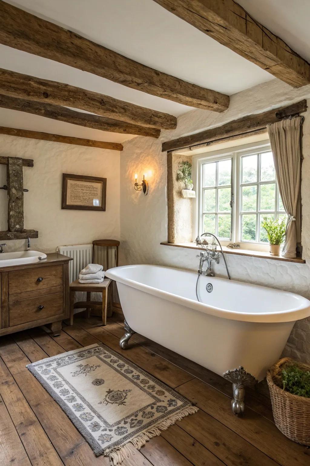 A standalone claw-foot bathtub perfectly enhances this rustic bathroom design.