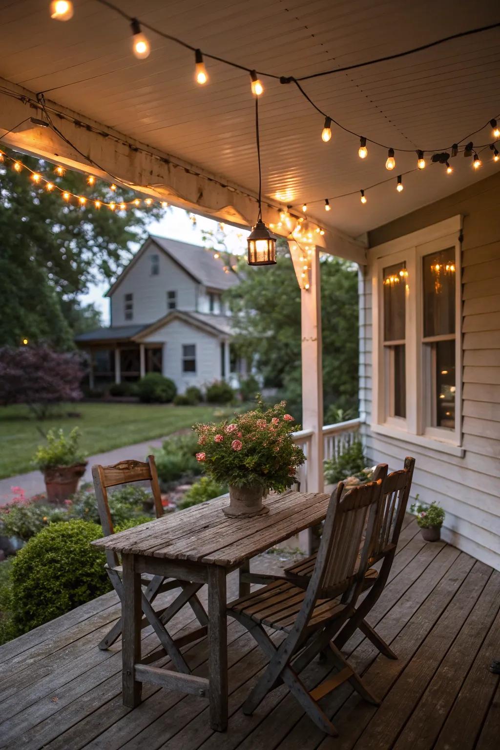 String lights bring warmth and magic to your country porch evenings.