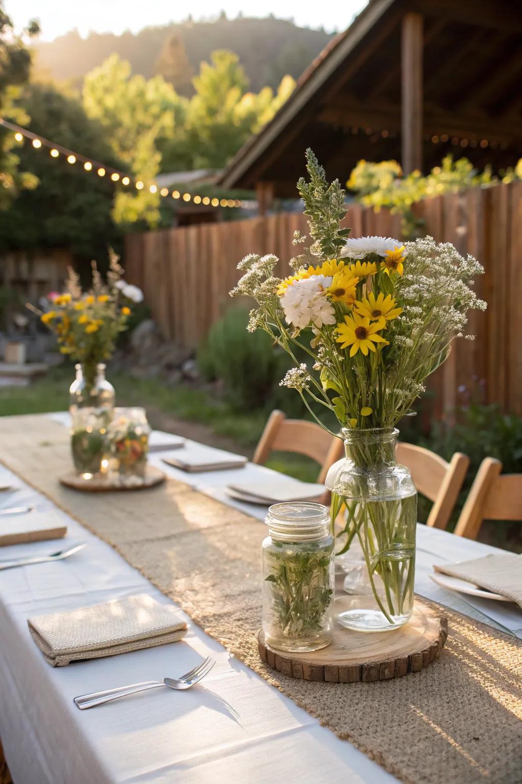 Untamed bloom arrangements enrich a countryside nuptial with countryside appeal.