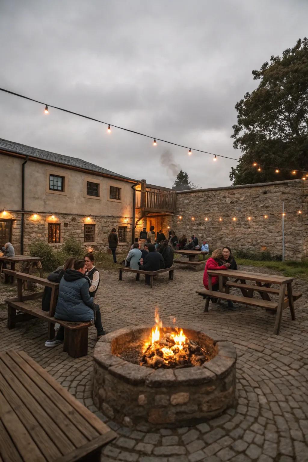 A bonfire space serves as a toasty and welcoming focal point in the patio.