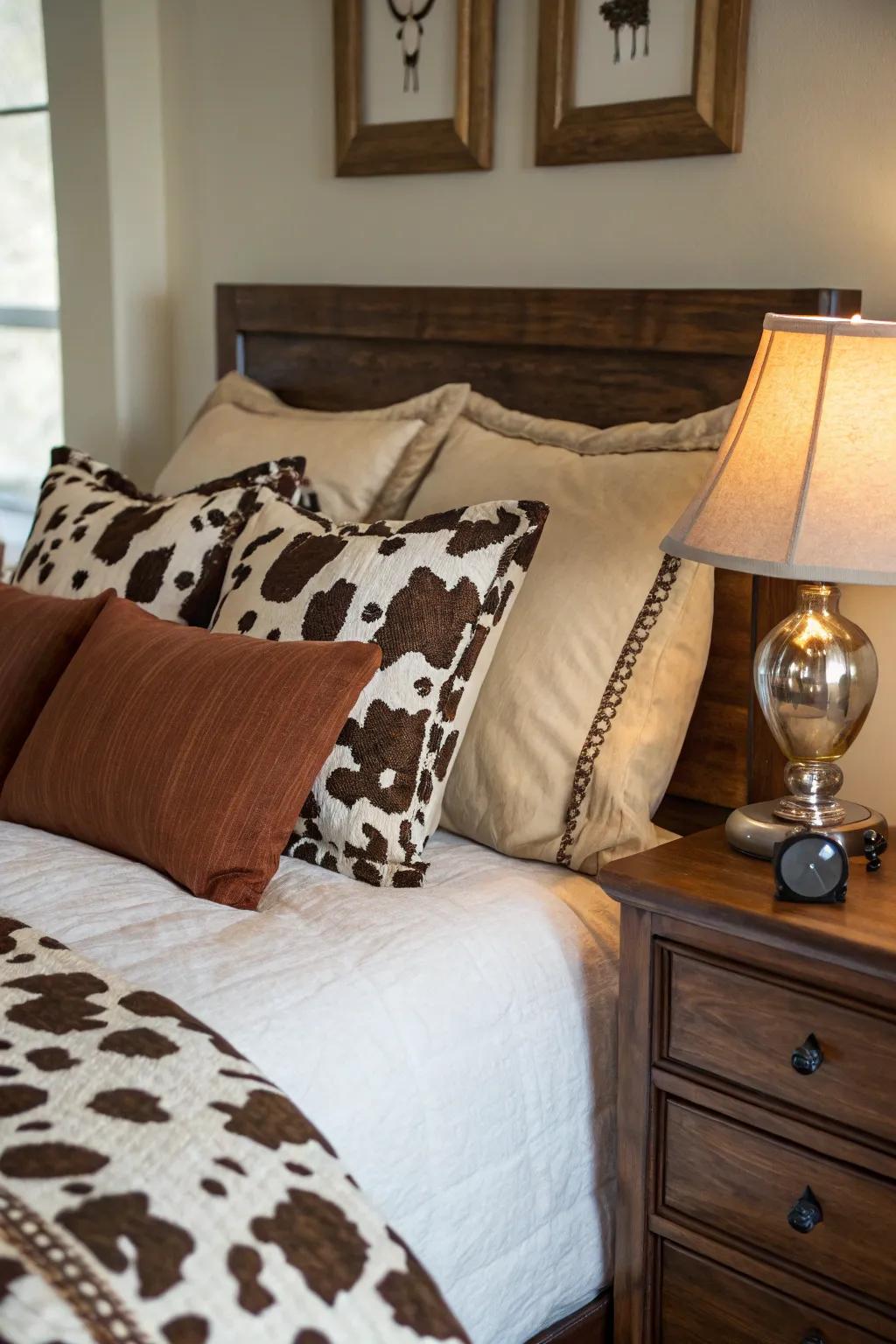 Cow print pillows offer a stylish accent to any bedroom setting.