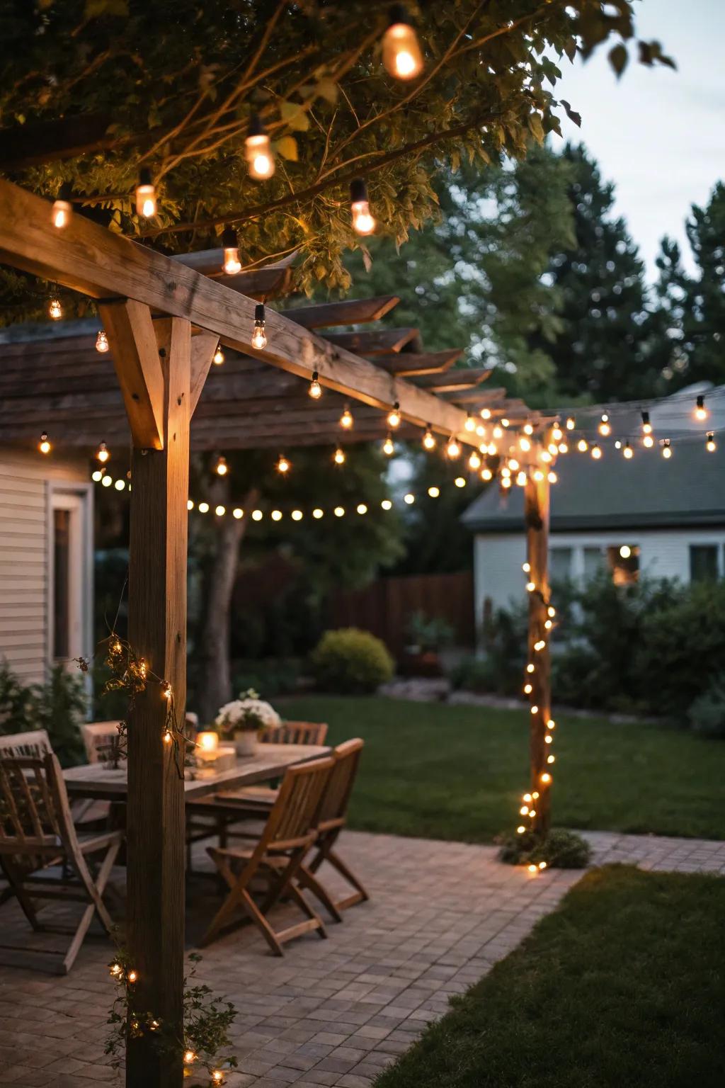 Exterior lights enhance the backyard's warmth and character.