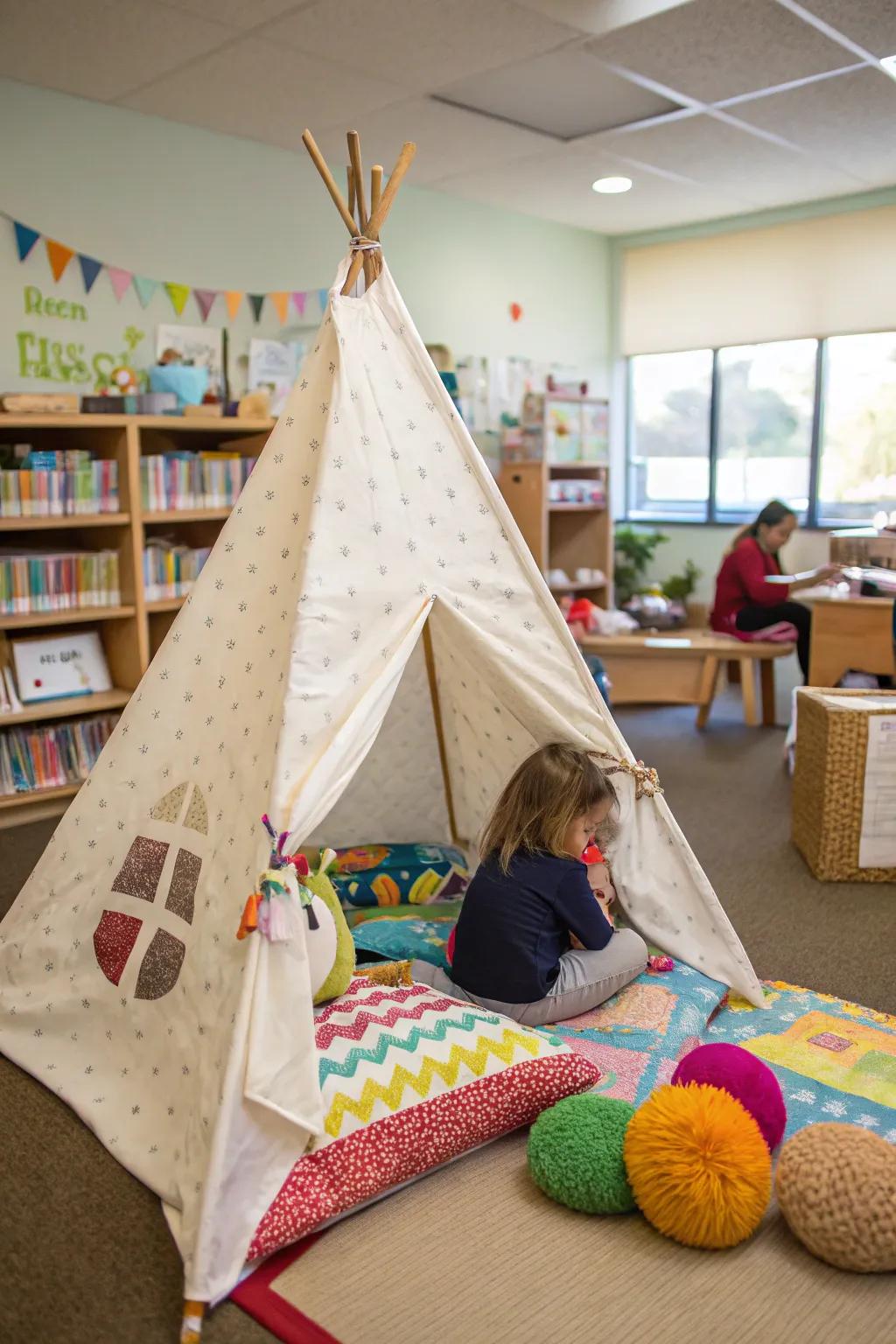 A conical play tent offers a personal space for quiet moments.