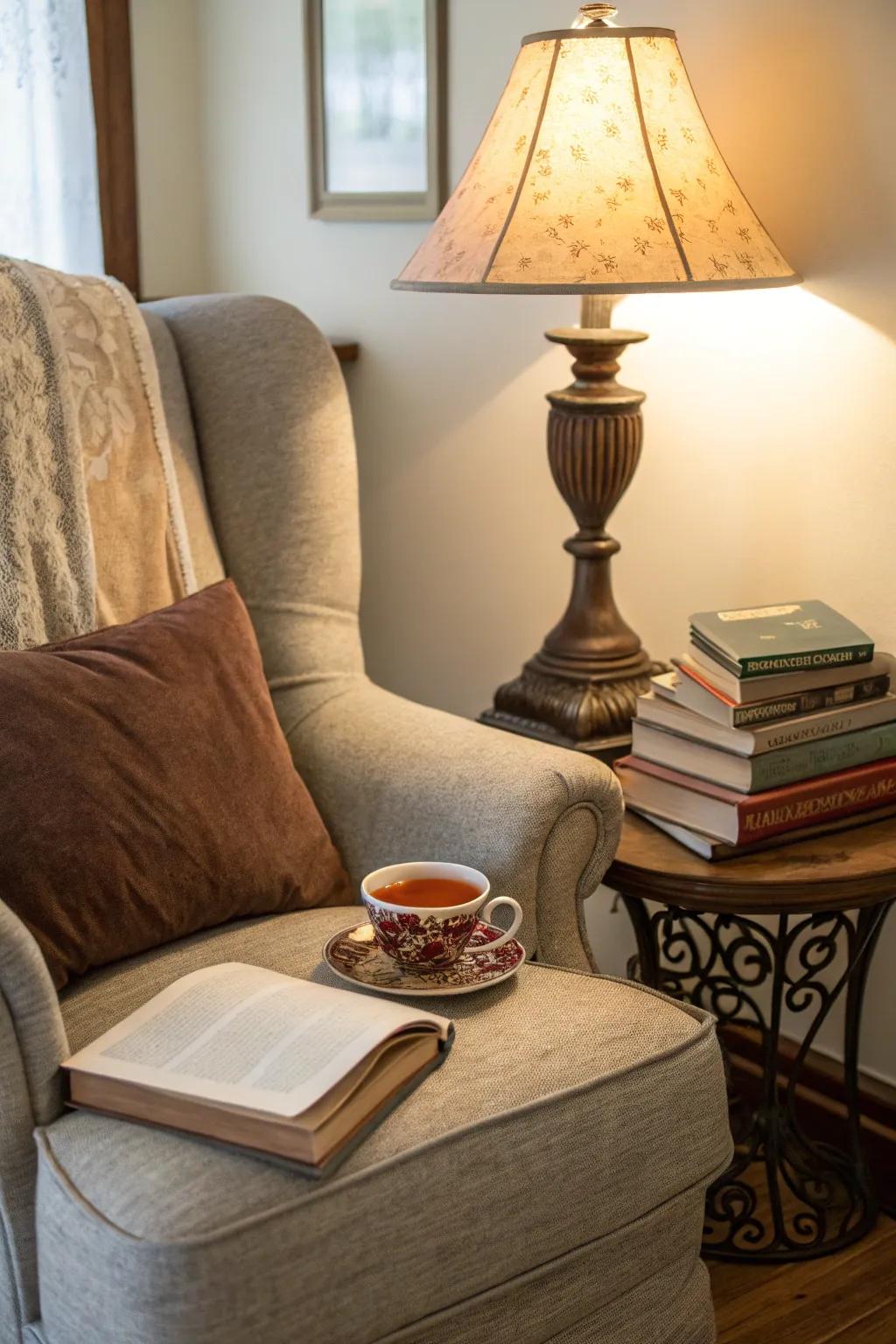 An overstuffed chair creates a cozy and inviting reading nook, perfect for relaxation.