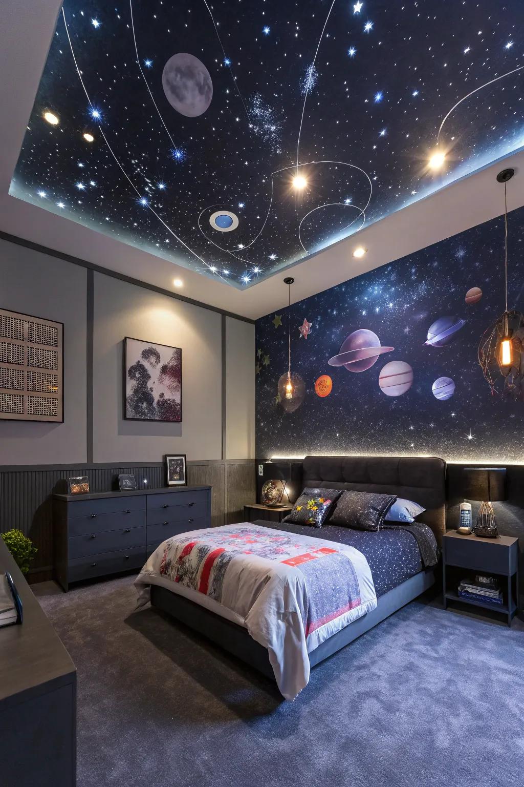 A space-themed bedroom featuring a starry ceiling and cosmic decorations.